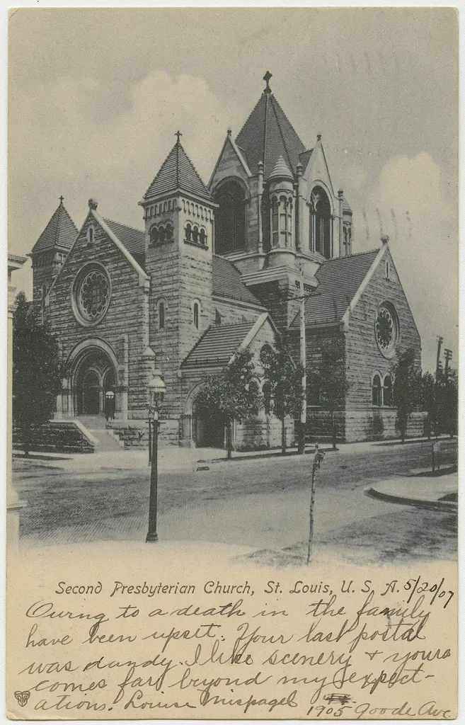 Second Presbyterian Church in St. Louis, Missouri from a pre-1923 postcard From RG 428, Postcard Collection, Presbyterian Historical Society, Philadelphia, Pennsylvania.