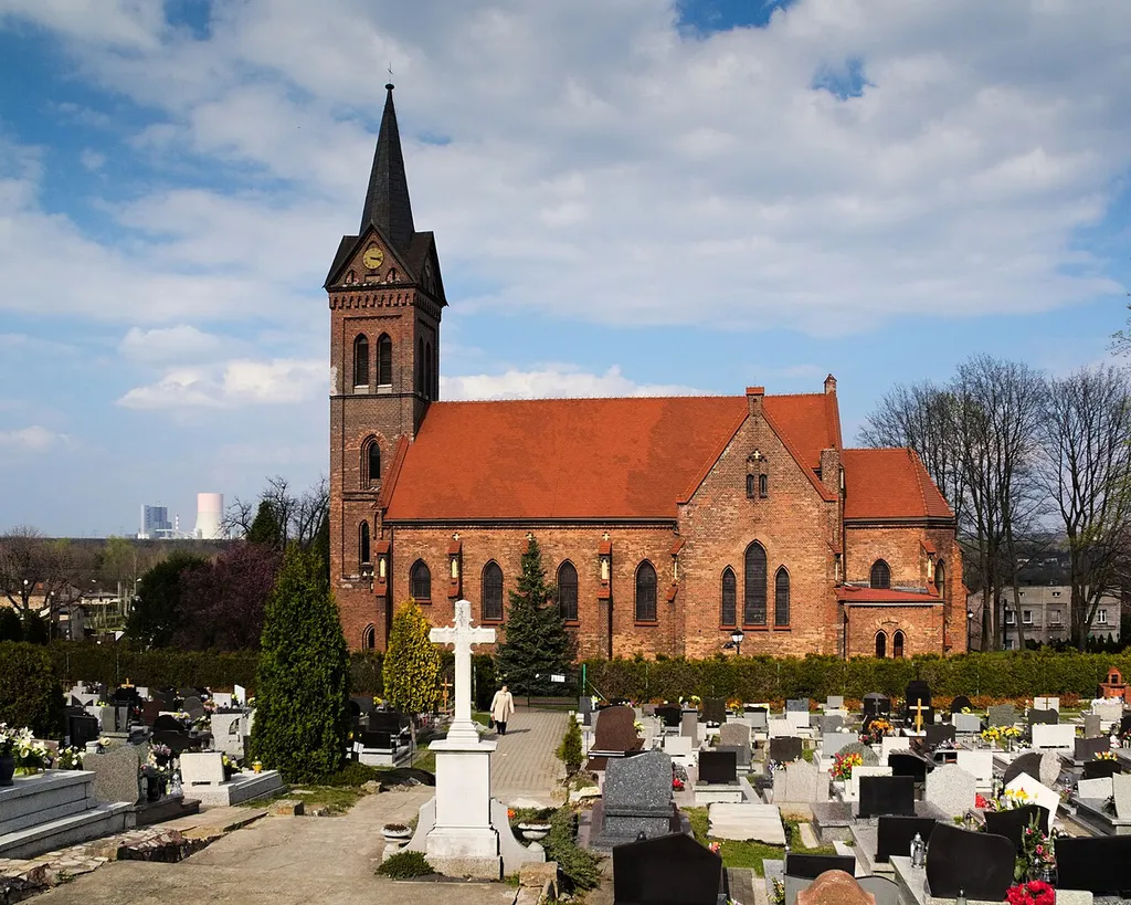 All Saints church in Mysłowice, Dziećkowice district, designed by Ludwig Schneider, seen seen from the south west, from cemetery.