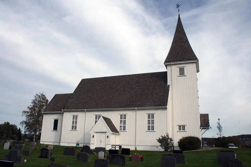 Bjørkelangen church in Aurskog-Høland, Norway. Built 1925; architect Th. Bjørnstad. Seen from the west.