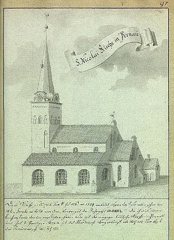 Scan from Johann Christoph Brotze's book Sammlung verschiedner Liefländischer Monumente. S. Nicolai Kirche in Pernau. 1795 [die Ansicht].