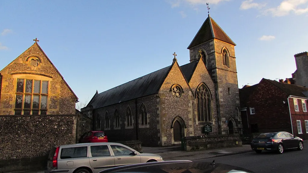 Looking south across Exeter Street at the facade of St. Osmund's church. Built in 1847 and designed by A W Pugin, a north aisle was added in 1894.