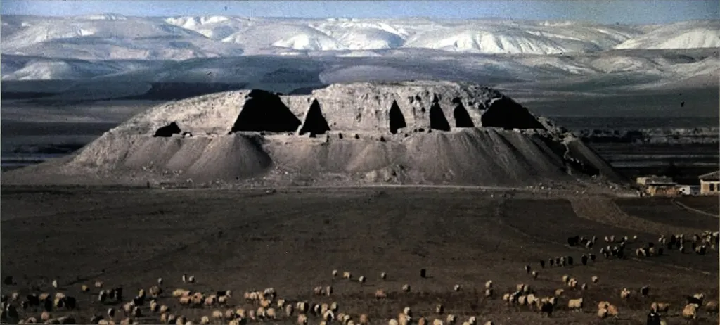 The cemetery at Lidar Mound (Lidar Höyük) has been dated to the Early Bronze Age and has revealed 200 stone sarcophagi whose dead were positioned in a foetal position with terracotta vessels next to them. The room graves that were dated to a later period were subject to multiple burials, showing that they were opened and used again. Burial gifts at these graves include terracotta vessels, bronze needles and jewellery with beads. This must be the mound during excavations.