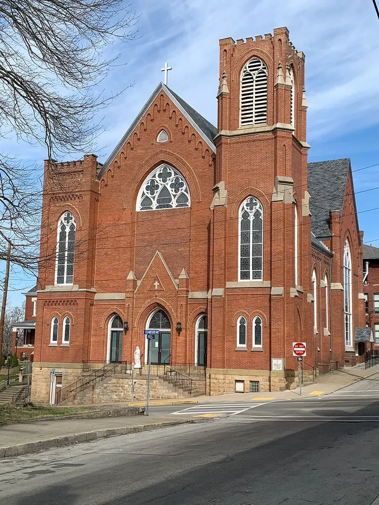 Front view of the Church of the Immaculate Conception in Connellsville, PA in February 2020