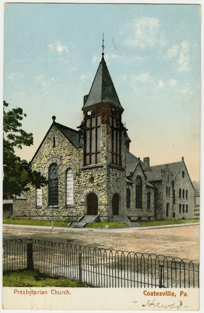 Presbyterian church in Coatesville, Pennsylvania on a pre-1923 postcard. From RG 428, Postcard Collection, Presbyterian Historical Society, Philadelphia, Pennsylvania.
