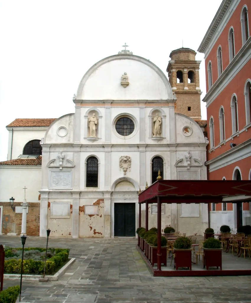Baroque church facade of San Clemente — on Isola di San Clemente, Venice lagoon.