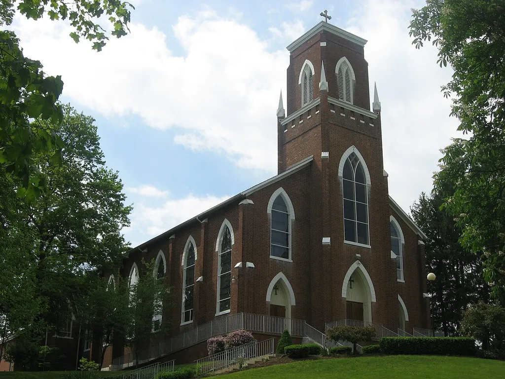 Front and southern side of St. Joseph's Catholic Church, located at 5757 State Route 383 southeast of Somerset in Reading Township, Perry County, Ohio, United States. Built in 1843 and later substantially modified, it is the third building to house Ohio's oldest Catholic parish, and it is listed on the National Register of Historic Places.