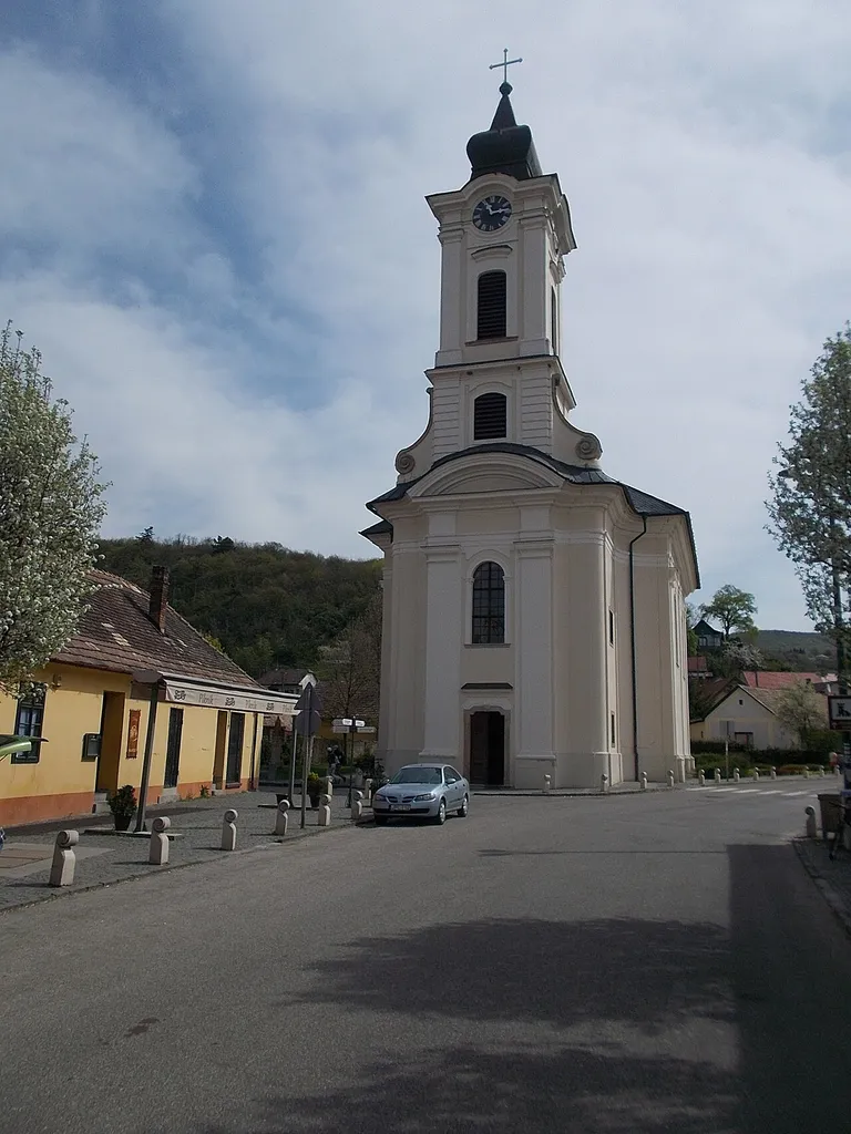 : Saint John the Baptist R. C. church from Rév street, late baroque, 1773-1785. planned by: Schade Lénárt - Fő street, Visegrád, Pest County, Hungary.