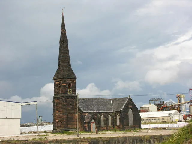 Christ Church parish church, Post Office Lane, Weston Point, Cheshire, seen from the southwest. Disused church isolated in port redevelopment.