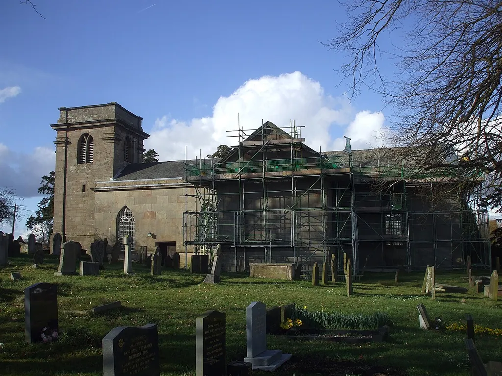 St Peter's parish church, Adderley, Shropshire, England, seen from the south with scaffolding around the chancel and south transept
