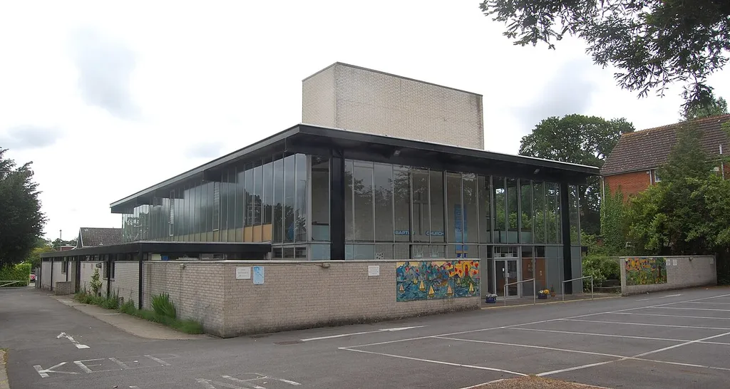 Waterlooville Baptist Church, London Road, Waterlooville, Hampshire, England. A highly regarded design of 1967 by Michael Manser, replacing a Victorian chapel on another site in Waterlooville.