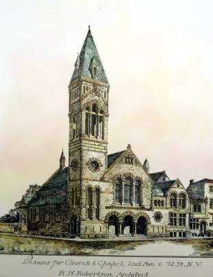 An early photo competition drawing for an unbuilt Manhattan church ) on the Upper East Side, New York City, taken from American Architect and Building News