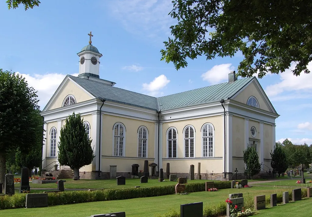 Hovmantorp Church.The church is a cruciform church was built of wood 1845-1847 in neoclassical style designed by architect Theodor Edberg. The church was inaugurated in 1847 by Bishop Christopher Isac Heurlin.