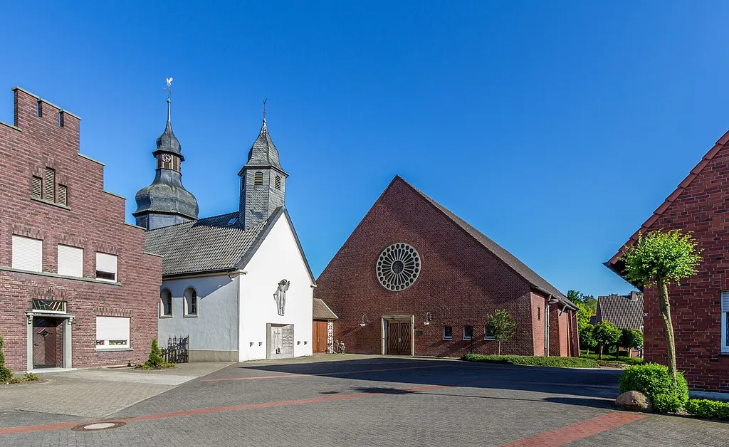 Burgplatz with the St Mauritius Church in Hausdülmen, Dülmen, North Rhine-Westphalia, Germany