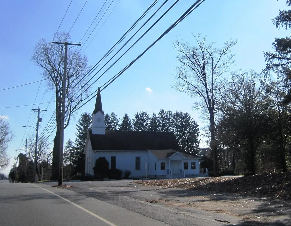 Photo of St. James Lutheran Church in Folsom, New Jersey. Photo taken from New Jersey Route 73/County Route 561 Spur (Mays Landing-Blue Anchor Road) looking south.