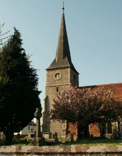West tower and spire of St Andrew's parish church, Great Cornard, Suffolk, seen from the south