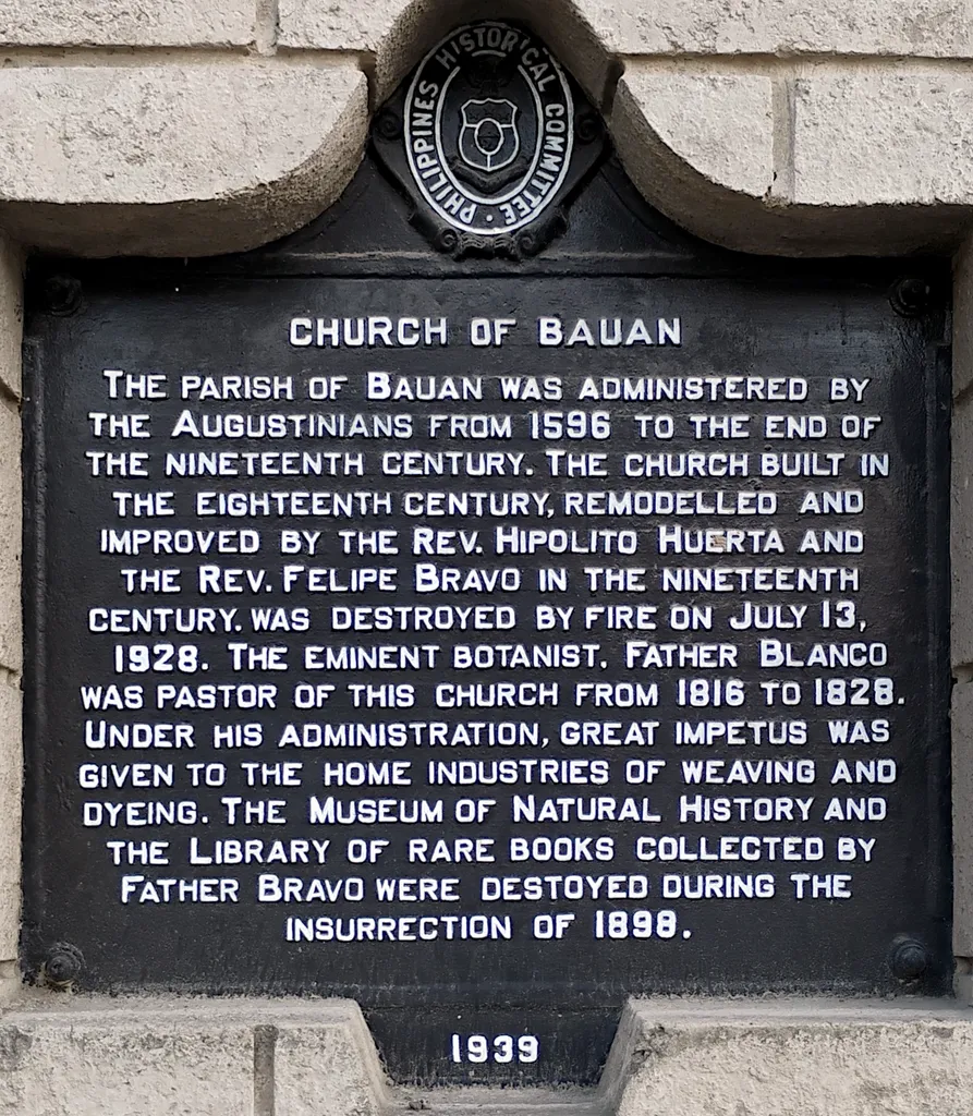 Historical marker created by the Philippines Historical Committee in 1939 to commemorate Bauan Church