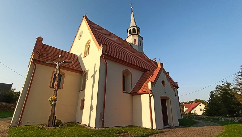 Saint George church in Mieszkowice, Opole Voivodeship, Poland. This is a photo of an object of cultural heritage inscribed in the registry of the Opole Voivodeship with number 144/55 from 15.01.1955.