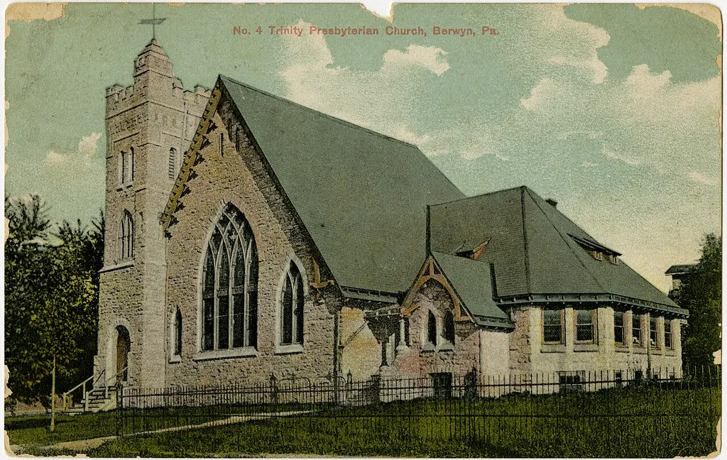 Trinity Presbyterian Church in Berwyn, Pennsylvania from a pre-1923 postcard. From RG 428, Postcard Collection, Presbyterian Historical Society, Philadelphia, Pennsylvania.