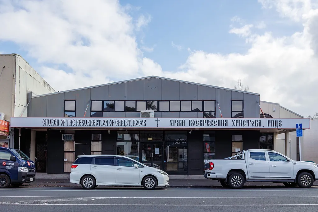 The front of the building of Resurrection of Christ Russian Orthodox Church in Balmoral, Auckland.