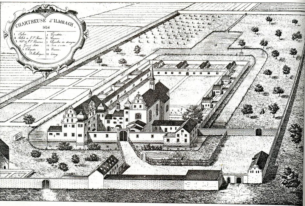 Kartause, Ilmbach, graphische Ansicht des Klosterareals mit dem Bestand vor 1634.
