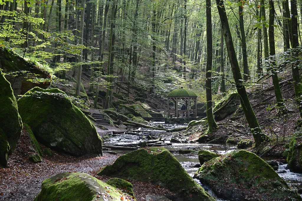 Moosalbe und Pavillon im Naturschutzgebiet „Karlstalschlucht“: Karlstal der Moosalb bei Trippstadt (Rheinland-Pfalz, Deutschland)