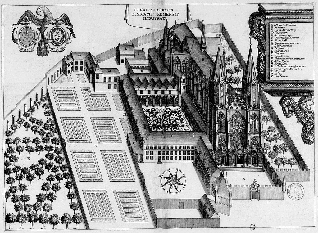 Planche gravée du 17ème siècle représentant l'abbaye Saint-Nicaise de Reims, dans le livre Monasticon Gallicanum.