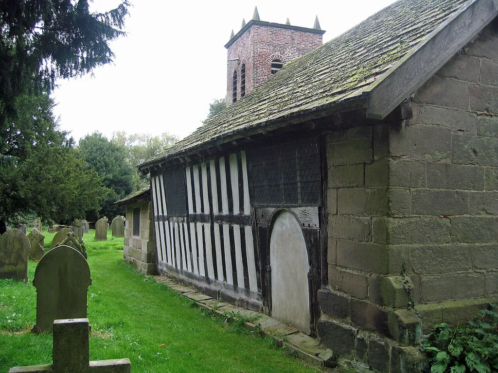 North side of the old church of St Werburg, Wigsey Lane, Warburton, Greater Manchester, seen from the west
