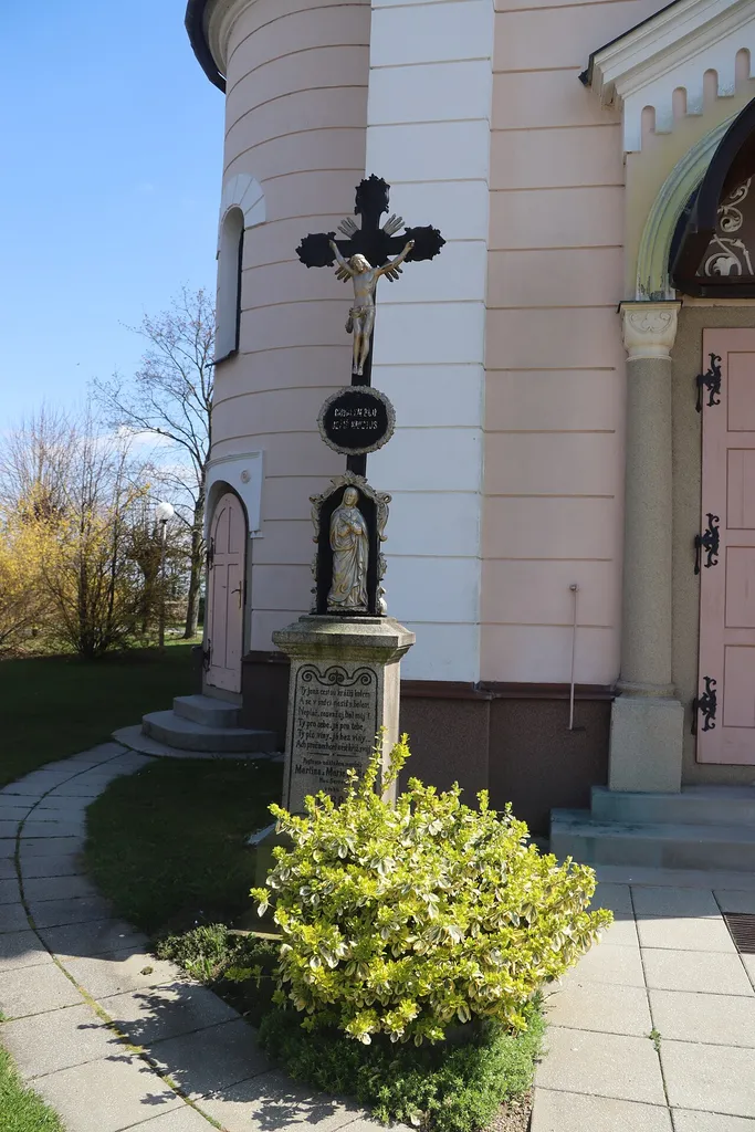 Overview of wayside cross of Martin and Marie Moltašovi near Church of Saints Cyril and Methodius in Nové Syrovice, Třebíč District.