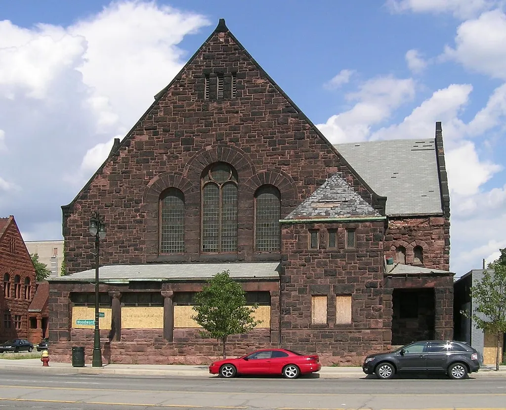 First Unitarian Church of Detroit. The stone church was built in 1890, in the Romanesque revival Richardsonian Romanesque style. A contributing property in the Brush Park Historic District, and on the National Register of Historic Places.