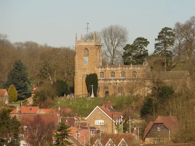 Tealby rooftops and All Saints' Church Long shot across Tealby from the Viking Way featuring the finely situated church.