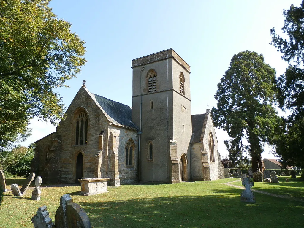 St Peter's parish church, Ilton, Somerset, seen from the southwest. Centre left, in front of the southwest corner of the nave, is a 17th-century tomb of a member of the Brone family.
