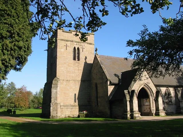 West tower and south porch of the parish church of St Mary the Virgin, Colton, Staffordshire, seen from the southwest