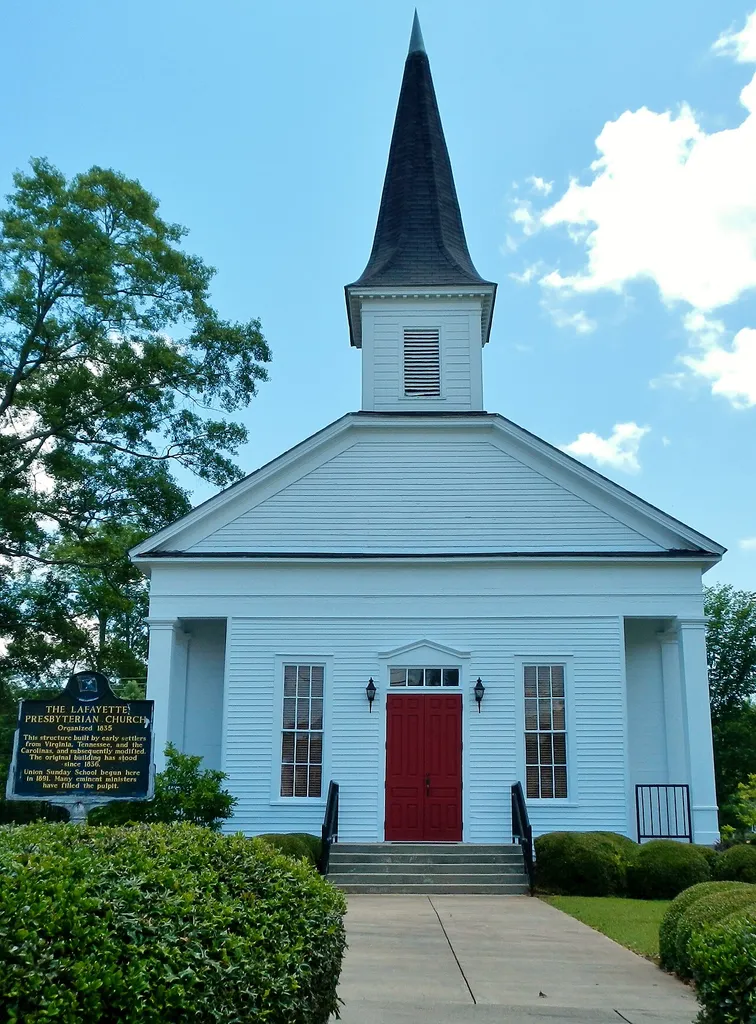 This is a photograph of the LaFayette Presbyterian Church in LaFayette, AL. The structure was built by early settlers to the area. The original building has stood since 1836.