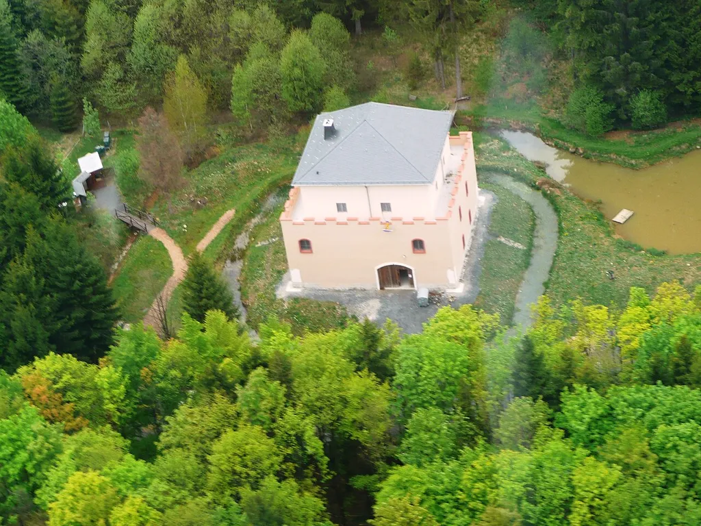 aerial photo of Castle Alte Burg near the Westerwald-village Rotenhain, Germany.