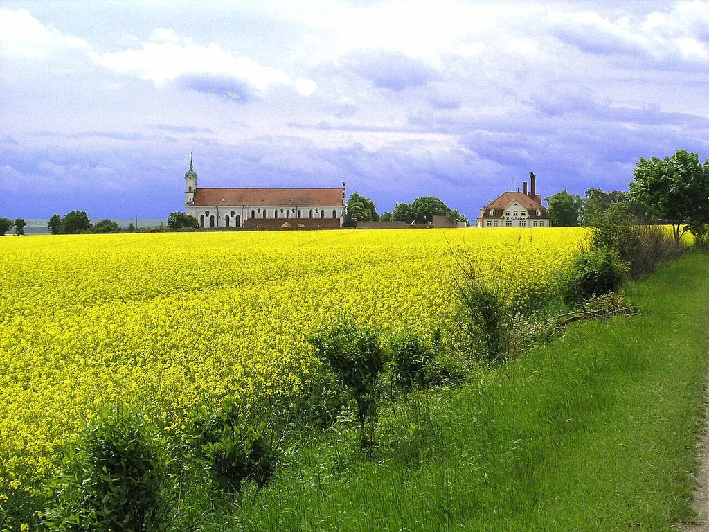Monastery church of Elchingen. In the foreground you can see the battlefield where Napoleon defeated the Austrians in 1805.