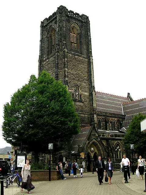 West tower of St Peter's parish church, Cambridge Street, Harrogate, North Yorkshire, seen from the south