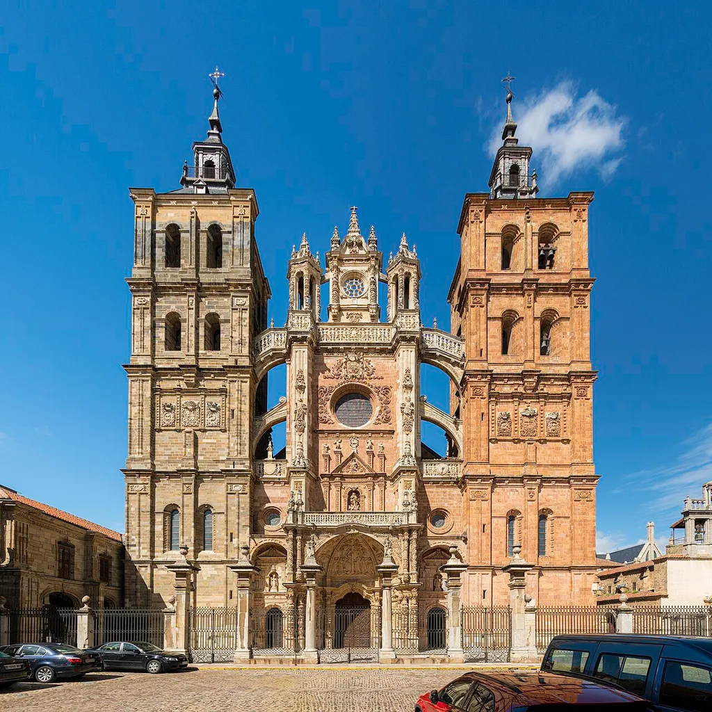 Composition of 7 pictures of the main, west façade of the Astorga cathedral, UNESCO world Heritage. Located in Spain.