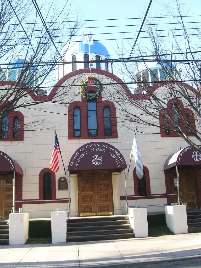 Looking west across 26th Street, north of 23rd Avenue, at w:Saint Markella Greek Orthodox Cathedral on a sunny afternoon in Queens, NYC