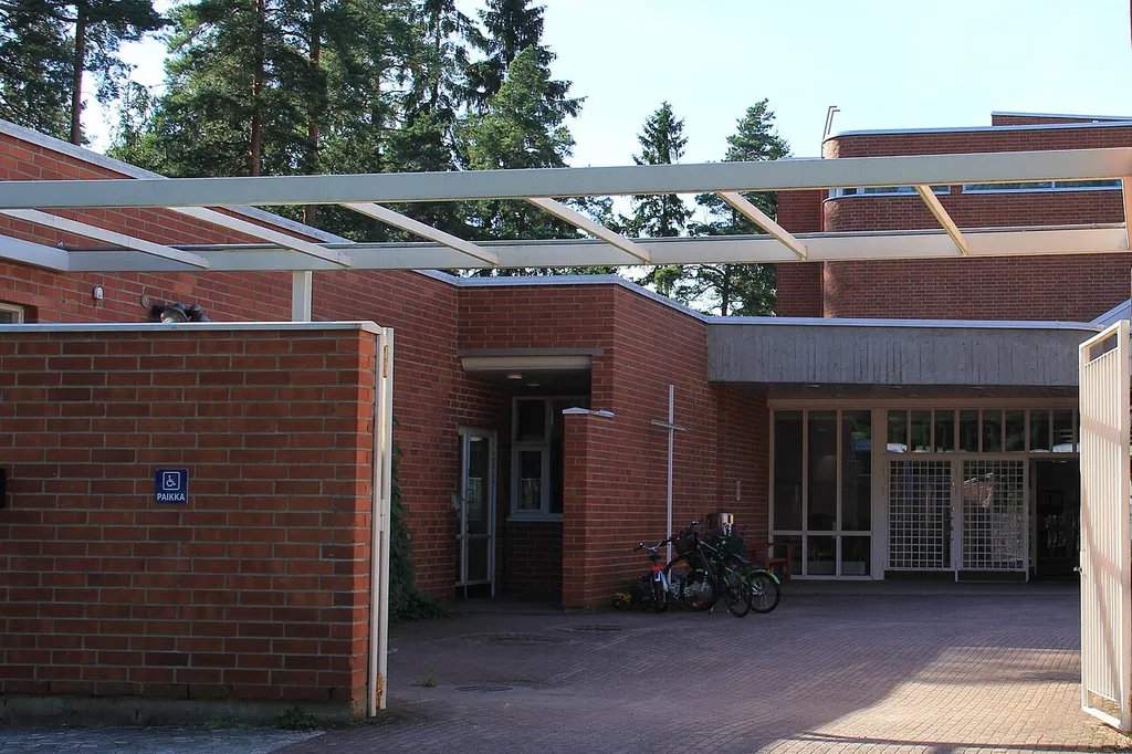 Rekola church, Rekola, Vantaa, Finland. - Church designed by Pirkko and Pekka Piirta Architects and completed in 1987. - Courtyard and main entrance.