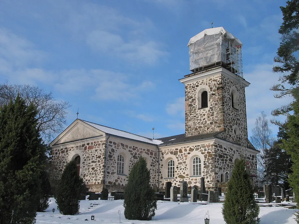 Nummi Church, Nummi-Pusula, Uusimaa, Finland – The bell tower under repair. The church was completed in 1822 and designed by A. N. Edelcranz.