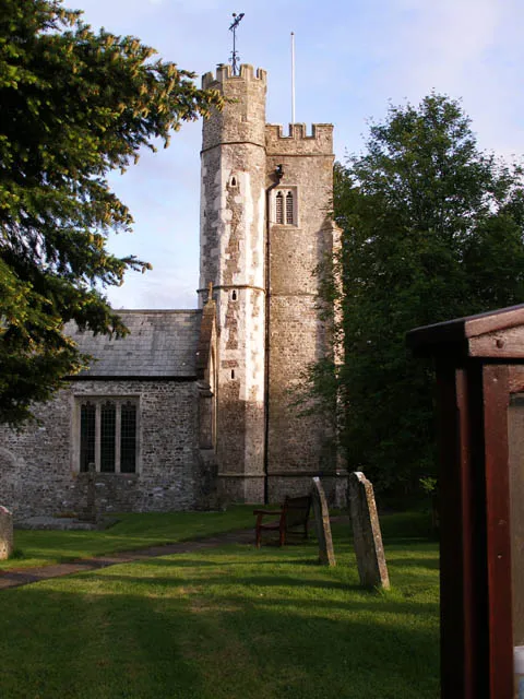 West tower of St Virgin Mary the Virgin parish church, Offwell, Devon, seen from the north from the gate in Ramsden Lane