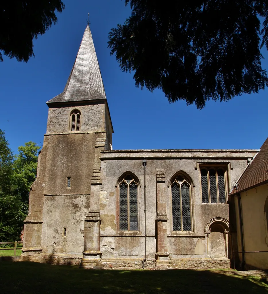 Nave and west tower of Holy Rood parish church, Sparsholt, Oxfordshire (formerly Berkshire), seen from the south