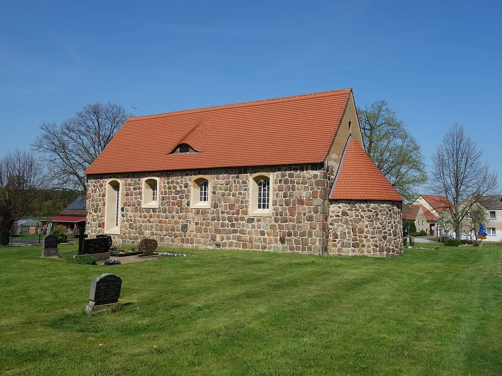 South-eastern view of the church in Neuendorf , Rabenstein/Fläming municipality , Potsdam-Mittelmark district, Brandenburg state, Germany.