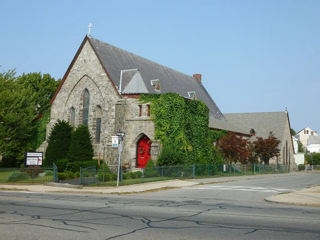 Saint John's Episcopal Church, located at 260 Gorham Street, Lowell, Massachusetts. West (front) and south sides of building shown.