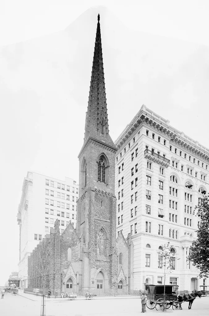Madison square Presbyterian Church, the first of that name, built in 1854 and razed in 1906. Designed by Richard Upjohn. Title: Madison Avenue Presbyterian Church, New York Date Created/Published: c1903. Medium: 1 negative : glass ; 8 x 10 in. Part of: Detroit Publishing Company Photograph Collection Reproduction Number: LC-D4-16670 (b&amp;w glass neg.) Call Number: LC-D4-16670 <P&amp;P> [P&amp;P] Repository: Library of Congress Prints and Photographs Division Washington, D.C. 20540 USA