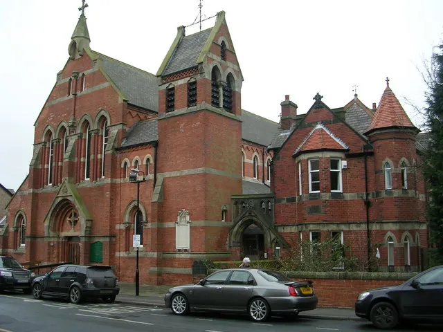 Roman Catholic church of Our Lady Immaculate and St Robert, Robert Street, Harrogate, North Yorkshire, seen from the southeast. The house on the right is the presbytery.