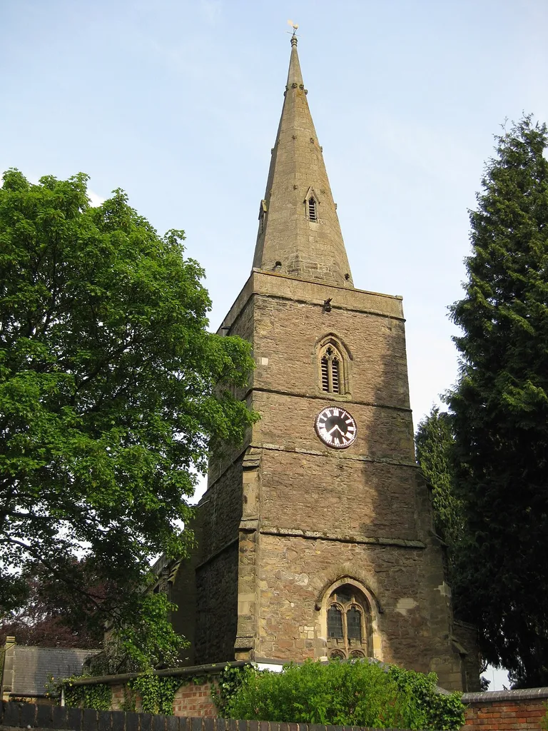 West tower and spire of All Saints' parish church, Church Street, Blaby, Leicestershire