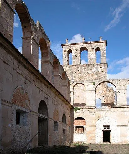The remaining Spanish ruins of Santa Maria de Ovila, a monastery that was largely disassembled by an agent of William Randolph Hearst in 1931 and shipped to San Francisco, California. Hearst's agent selected the parts Hearst would want, removed them, and left behind these bare walls with no decorative elements, or roof, or floors.