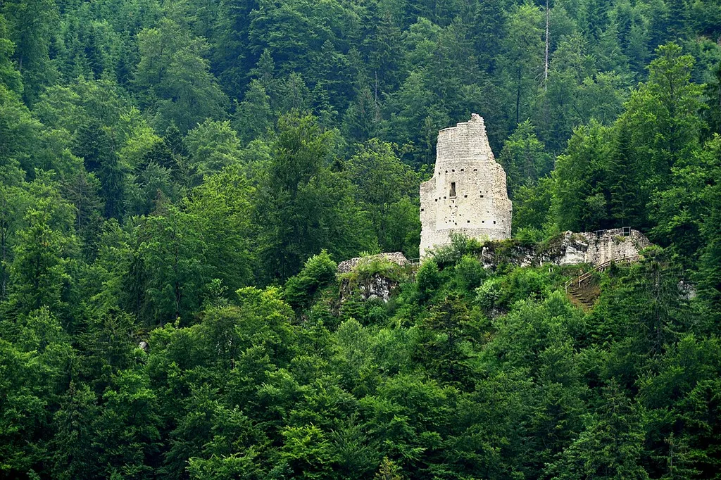 Vue to the ruins of the Château d'Erguël from Sonvilier; Berne, Switzerland.