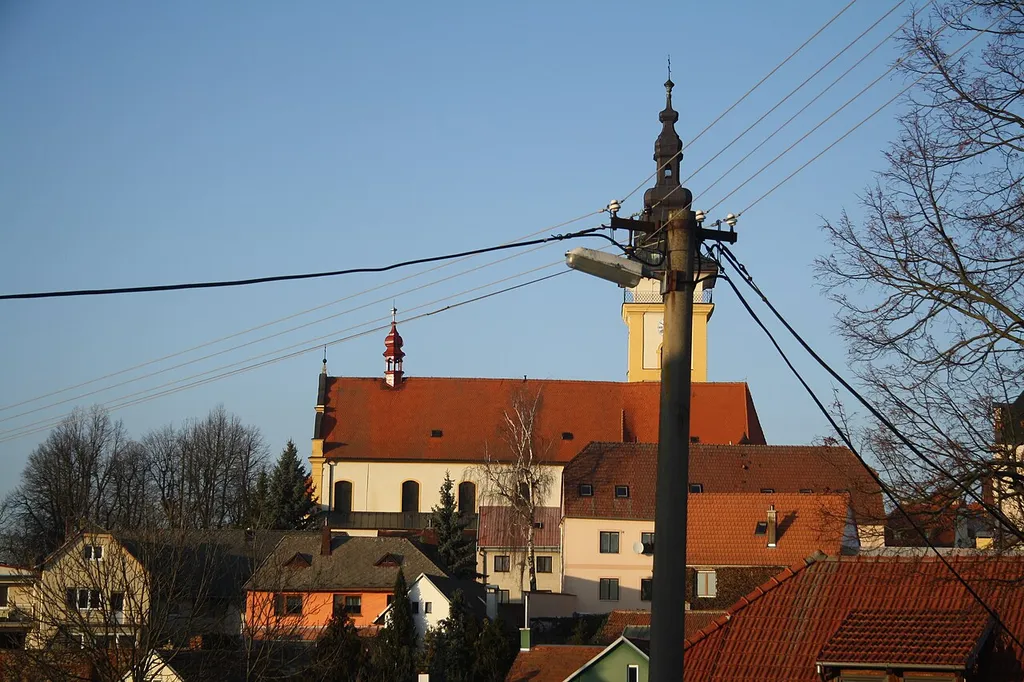 Overview of Church of Saint Giles at Kosmákova street in Moravské Budějovice, Třebíč District.
